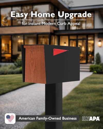 Image of Ilyapa Modern Mailbox for Post Mount - Black Powder Coated Metal Mailbox with Cherry Wood Door - Waterproof for Parcels, Recessed Magnetic Close Door