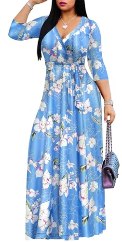 Image of Women's Floral Maxi Dress Summer Casual V-Neck 3 /4 Sleeve Long Bohemian Print Evening Party Dress