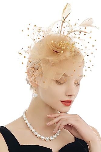 Myjoyday Women's Fascinators, Feathers Tea Party Hat, Veil Headband With Hair Clip For Cocktail Church (Khaki) #TOP3