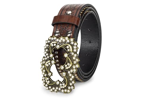 FGSS Women Rhinestone Embossed Belts Fashion PU-Leather Waist Belt Western-Cowboy Cowgirl Belts with Diamond Buckle2