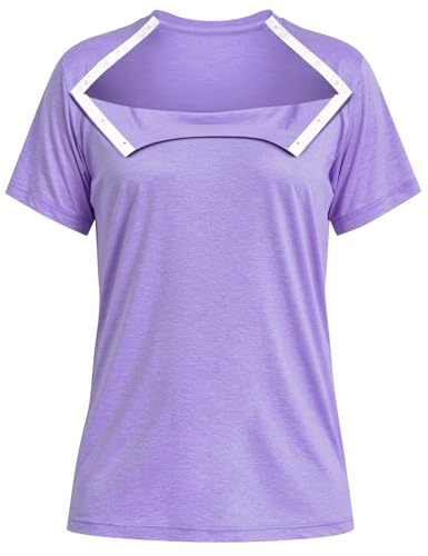 Women's Chemo Shirts for Port Access Chemotherapy Post Shoulder Surgery Shirts Snap Off The Shoulder Shirt (US, Alpha, Large, Regular, Regular, Light Purple)