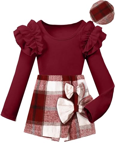 Girls Clothes Ruffle Sleeve T-shirt Top and Bowtie Plaid Skort Set with Hat 3PCS Girls Fall Outfits 5-14 Years