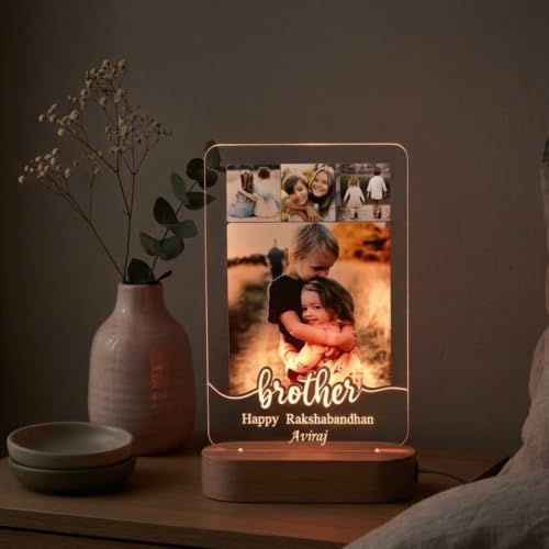 Image of Personalized Rakshabandhan Table Lamp for Brother - Custom Photo LED Night Light with Name - Multicolor Acrylic Lamp Gift for Brother from Sister - Rakhi Decorative Keepsake