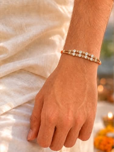 Image of Peora Rakhshabandhan Thread Rakhi for Brother Bhaiya | Crystals & Kundan Studded | Combo, Set of 3 | Rakhi Hamper with Roli Chawal & Greeting Card