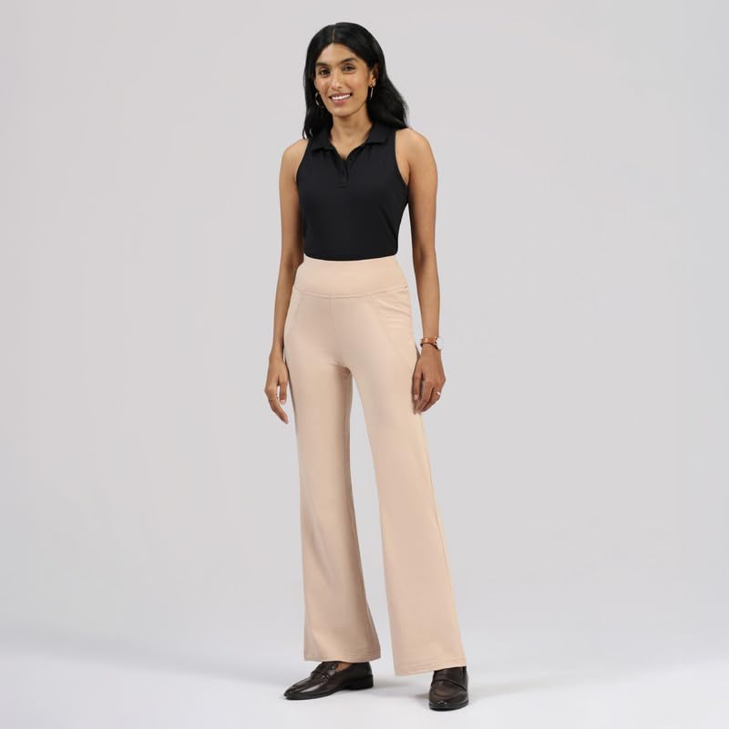 Image of Blissclub AM:PM Cotton Flare Pants for Women Upto 5'4 ft | Wide Waistband, 4 Pockets | Bell Bottom Pants and high Waist Trousers for Office wear