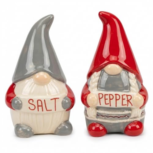 The Bridge Collection Fun Nordic Holiday Gnomes Salt & Pepper Shakers - Christmas Red and Gray Winter Gnomes Salt and Pepper Shaker Set