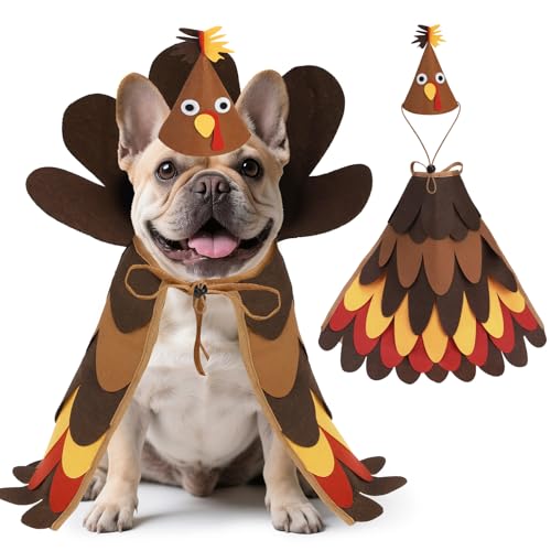 EXPAWLORER Thanksgiving Dog Turkey Costume Doggie Turkey Cloak and Hat Set for Small Medium Large Dogs Cats Cute Funny Costumes Clothes Cosplay Dress Apparel for Holiday Party Photo Props