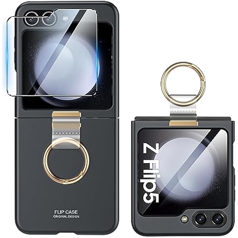 Vizvera for Samsung Galaxy Z Flip 5 Case with Ring, Flip Z 5 Case with Screen Protection HD Clearly Slim Anti-Scratch Full-Body Shockproof Protective Case for Galaxy Z Flip 5 5G (2023)-Matte Black Cover