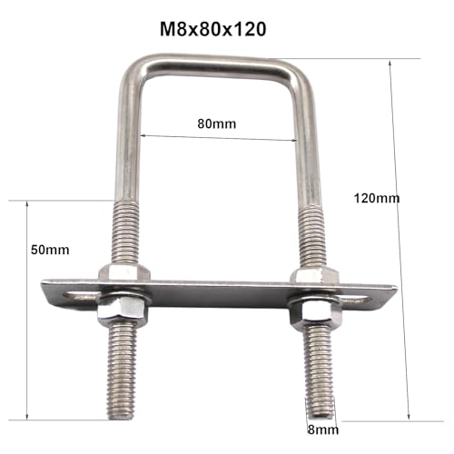 Image of Square U Bolts 304 Stainless Steel U-Bolts 3.1 inch Wide 4.7 inch Length (M8x80x120mm) U Clamps Bolt with Frame Plate, Washers and Nuts (4 Pack)
