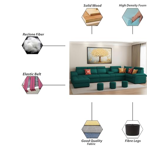 Image of Casaliving Emerson Modern U-Shaped Sectional Sofa Set 9 Seater, Sofa Couch with 3 Puffy for Hall (Pine Colour) Premium Leatherette Fabric Sofa
