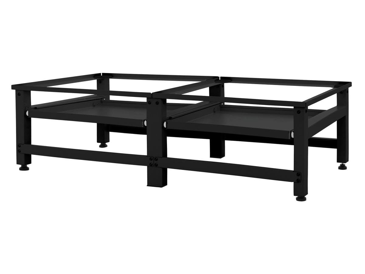 ML-Design Doppel Waschmaschinen-Untergestell mit 2 ausziehbaren Ablagen, Schwarz, Stahl, bis 2x 150kg + 10 kg, verstellbare Füße, Waschmaschinensockel 2-Fach, Doppeluntergestell Doppelpodest Erhöhung