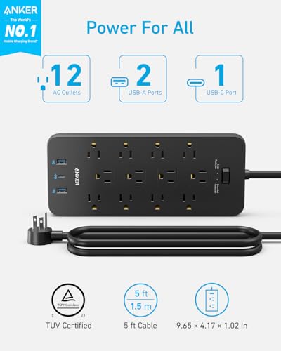 Anker Power Strip Surge Protector (2100J), 12 Outlets with 2 USB A and 1 USB C Port for Multiple Devices, 5ft Extension Cord, 20W Power Delivery Charging for Home, Office, Dorm Ess image 1