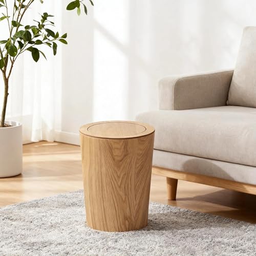 Caneca de basura de madera redonda con tapa miniatura 6