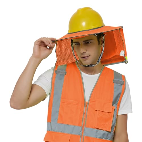TOPTIE Protector Solar para Sombrero Duro, Cuellos de Malla Transpirable Descubiertos con Visera para Cascos, Alta Visibilidad y Reflectantes para Trabajos en Obra, 1pc, Naranja