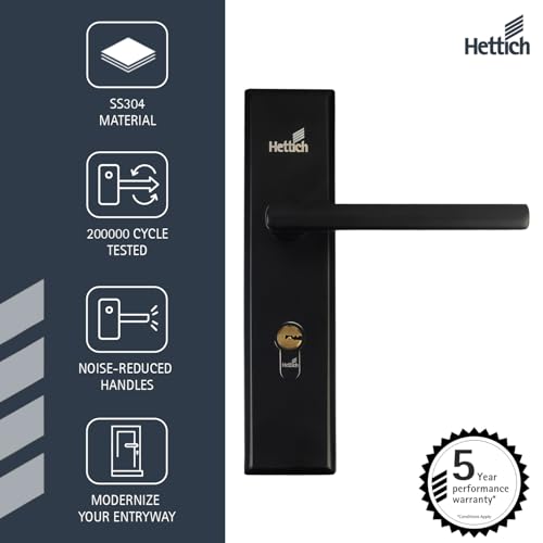 Image of Hettich ProLock Combo Lever Lock Main Door Safety Lock, (Both Side Movable) Mortise Door Lock Handle Set with 3 Brass Key for Home,Office,Hotel | BL Finish | 5 Years Warranty