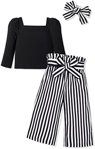 Ribabz Toddler Girl Clothes, 5-6T Toddler Clothes Square Neck Puff Long Sleeve Top + Striped Pants + Headband 3Pcs Girls Outfit Set