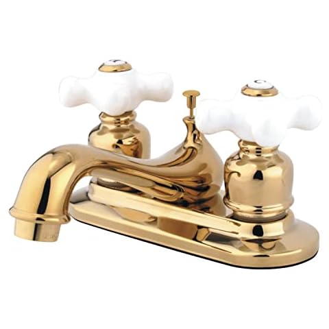 Kingston Brass KB602PX Restoration 4-Inch Centerset Lavatory Faucet with Porcelain Cross Handle, Polished Brass Cover