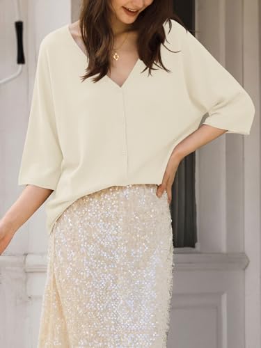 Image of Saodimallsu Womens V Neck Half Sleeve Cardigan Sweaters Summer Knit Tops | Oversized Fit, Button Down, Batwing Sleeve, Soft Lightweight Knitted Fabric, Trendy Casual Style, Summer Fall Outfits