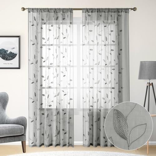 HOMEIDEAS Light Grey Sheer Curtains Leaf Embroidered, 52x96 Inch, 2 Panels