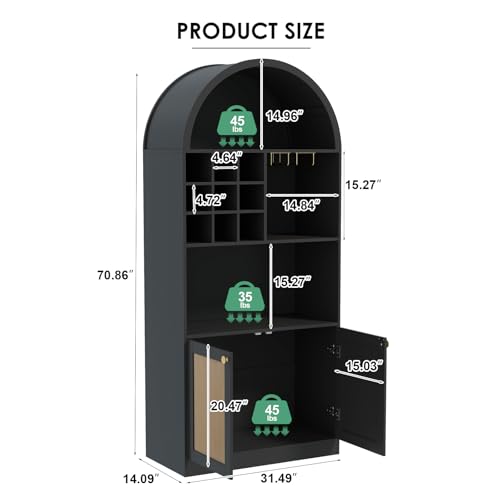 Image of Arched Bar Cabinet 71 Inches Tall, Mid-Century Home Coffee Bar Cabinet