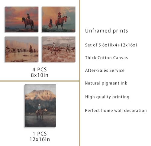 Laylwhq FBAXIBUNIUZAIIWALLART-1 5Pcs Vintage Cowboy Wall Art Western Desert Canvas Wall Decor Horse Pictures Prints Posters Rustic Southwest Paintings Mid Century Modern Men Cave Artwork thumb #3