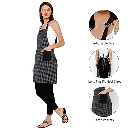 Encasa XO Adjustable Kitchen Cotton Apron With Pockets & Towel Holder Of Size 68x85 cm (Butcher Checks Black) for Men & Women Chefs For Cooking & Baking in Home - Image 2