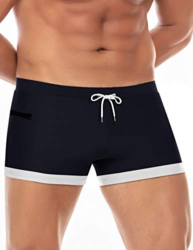 COOFANDY Men's Swimwear Swimsuits Solid Basic Swim Boxer Trunks Board Shorts with Zipper Pockets Navy Blue