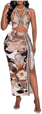 SOLY HUX Women's 2 Piece Skirt Sets Summer Floral Halter Crop Top...