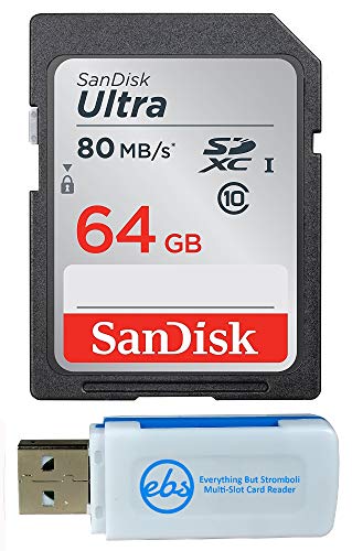 SanDisk 64GB SDXC SD Ultra Memory Card Works with Sony Alpha a6400 Mirrorless Camera (ILCE-6400 B) Class 10 (SDSDUNC-064G-GN6IN) Bundle with (1) Everything But Stromboli Multi-Slot Card Reader