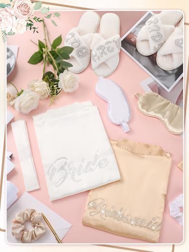 Bonuci 24 Pcs Bride Bridesmaid Robe Slipper Sets for Wedding Bridal Party Women with Robes Slippers Eye Mask Hair Scrunchies4