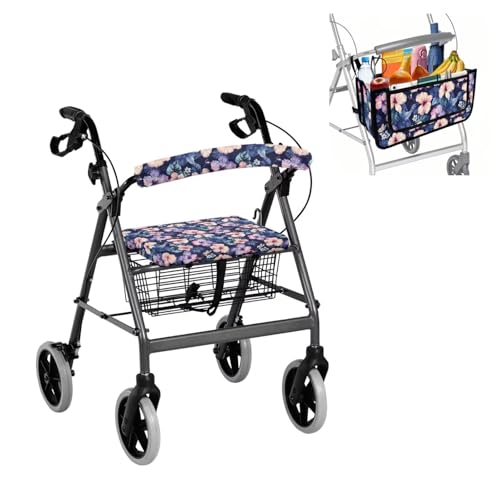 Vanideaoty Pink Flower Walker Accessories Includes Seat Cover and Bar Cover Rollator Basket Walker Set of 2 for Seniors Walker Accessories Home Gifts