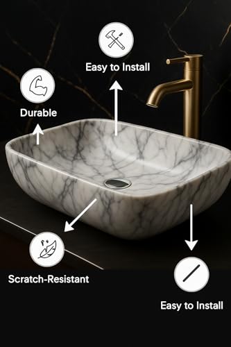 Image of Ceramic Tabletop Wash Basin - Glossy Rectangular Countertop Vessel Sink with Marble Finish for Bathroom & Vanity | Compact 18 x 13 x 5 Inch | Elegant Washbasin