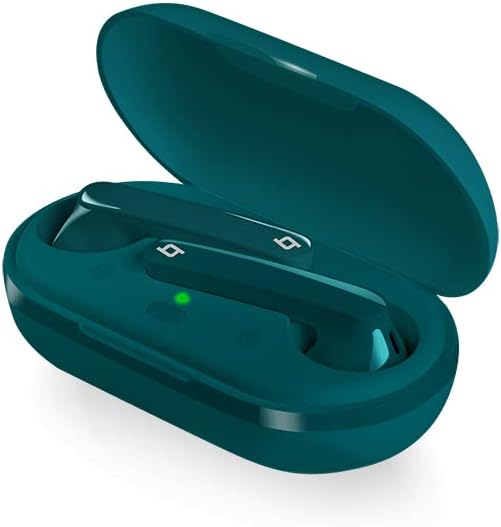ttec AirBeat Free earbuds inside open charging case, angled view