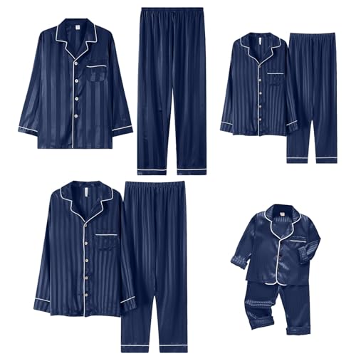 CGGMVCG Silk Satin Christmas Pajamas for Family Striped Button Down Shirt and Pants Xmas Pjs Matching Sets Holiday Sleepwear Jammies (Navy, Dog/M)