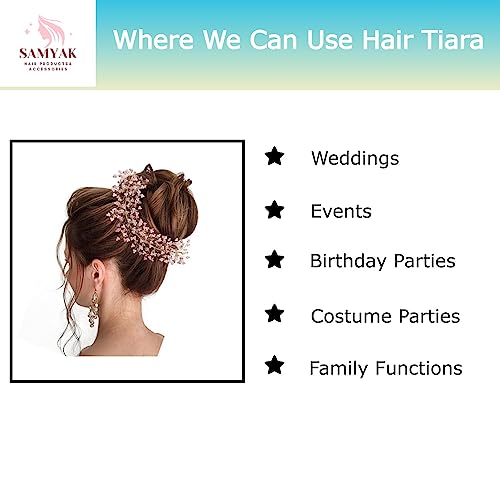 Image of Samyak Crystal Pearl Hair Vine Tiara Headband Headdress Hair Jewellery /Hair pin /Bun Clip For Bridal Wedding Functions Bridesmaid (Baby Pink)
