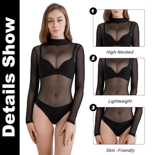 SamHeng Women Bodysuit Long Sleeve Sheer Mesh Body Suit Turtle Neck Black See Through Slim Fit Sexy Jumpsuit Leotard Top Clubwear, M