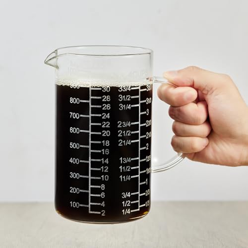 Ackers Mirror Etching Scale Glass Measuring Cup-[Insulated handle | V-Shaped Spout]-Made of High Borosilicate Glass Measuring Cup for Kitchen or Restaurant, Easy to Read, 1000 ML (32 Oz, 4 Cup) by Ackers BORO3.3 - Used condition - US$17.59
