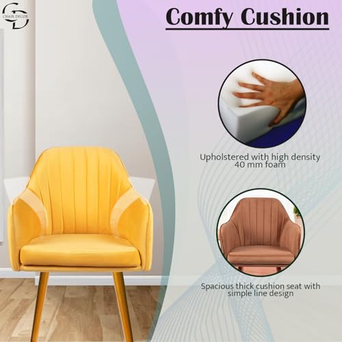 Image of Velvet Accent Chair | Luxury Upholstered Armchair with Sturdy Metal Legs | Modern Comfortable Chair for Living Room, Bedroom, Office, or Cafe (Golden Legs, Yellow)
