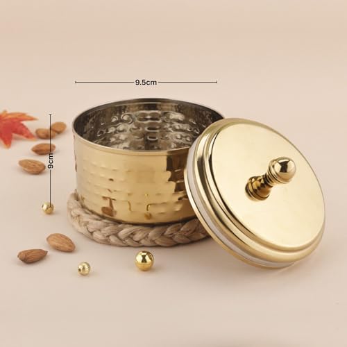 Image of PDDFALCON Stainless Steel Uphaar Hammered Container - BIS Certified, Jindal Seal, Made in India | Premium Finish Airtight Gift Box - Gold (350ml)