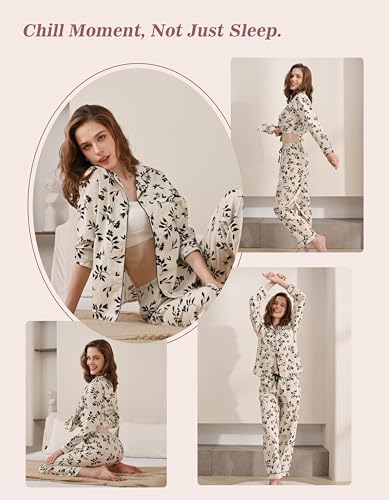 Image of NAP BOUND 100% Cotton Pajamas for Women 2 Piece PJs Set Long Sleeve Button Down Breathable Woven Sleepwear Loungewear XS-XXL