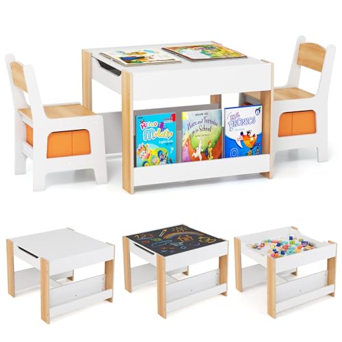 COSTWAY Juego de Mesa y Sillas Infantil, Mesa de Actividades 4 en 1 para Niños con Superficie Reversible, 2 Estantes para Libros y Cajas de Almacenaje, Set de Muebles Infantil de 3 Piezas (Natural)