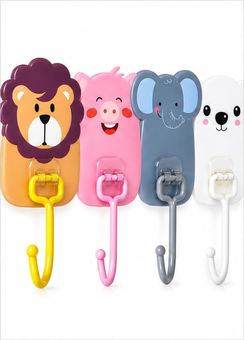 Image of Wall Mounted Cartoon Hooks 10Pc - Self-Adhesive, Cute Kid-Friendly Animal Design, Heavy Duty Multipurpose Sticky Hangers for Nursery, Kids Room, Bathroom & Kitchen