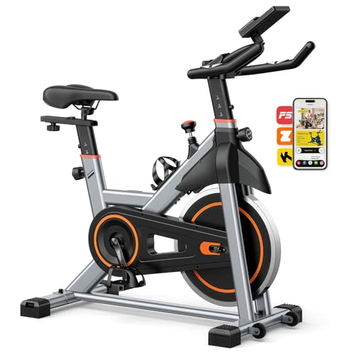 Image of OLIXIS Exercise Bike with APP Control, Brake Pad Stationary Bikes with Quiet Magnetic Resistance, Indoor Cycling Spin Workout Bike with 300.0 lbs Weight Capacity,Orange /Red /Blue