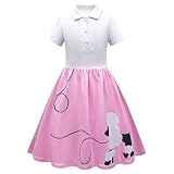 Girls Retro Poodle Print Skater Dress Vintage High Waist Ruffle Sleeve Rockabilly Swing Tee Cocktail Party Dresses 13-14 Years 013-Pink