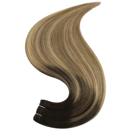 Image of Full Shine 24 Inch Machine Weft Hair Extensions 105G Brown Honey Blonde | Invisible Machine Tied Weft, Dark Brown To Honey Blonde Mix Ash Brown Balayage, Remy Human Hair, Hair Transformation