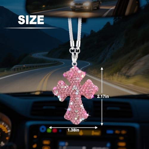 FALVFUN Bling Cross Car Rear View Mirror Hanging Ornament, Crystal Rhinestones Religious Vehicle Rearview Mirror Pendant Charm, Auto Interior Decoration Accessories, Universal Fit (Pink) - Thumbnail 2