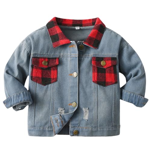 Boys Spring And Fall Unisex Plaid Lapel Denim Long Sleeve Top Cardigan Jacket Metallic Jacket