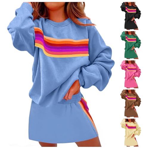 2 Piece Lounge Set for Women Rainbow Striped Sweatshirts Mini Skirts Color Blocked Suits Sweatsuits Loungewear4