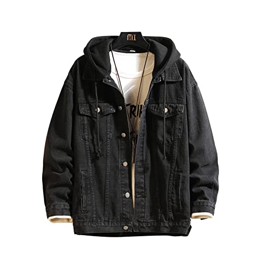Image of Men's Denim Jacket Distressed Hooded Jean Jackets Baggy Ripped Trucker Coat | Loose Vintage Long Sleeve Denim Hoodie Cotton Button Down Jean Outerwear With Pockets Black Blue Hip Hop Streetwear Casual