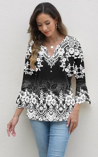 Womens Tops Dressy Casual Pleated Button Neck Summer Blouses 3/4 Flared Sleeve Fall Shirts3